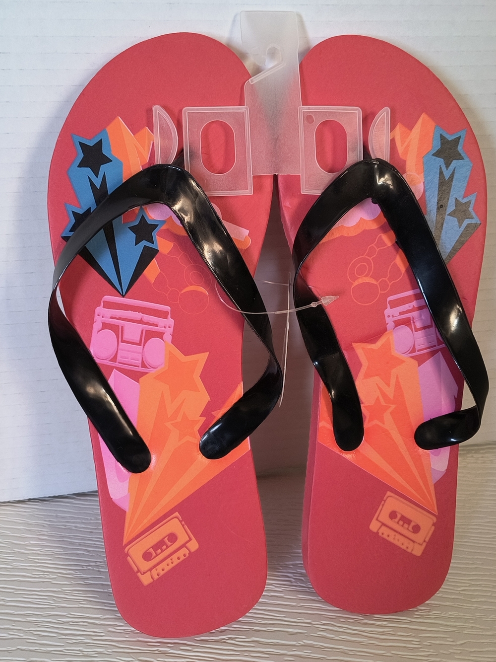 Kids Pink Graphic Flip Flops with Black Straps